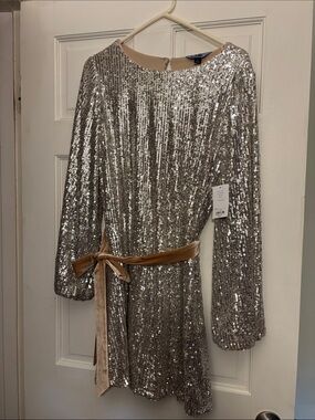 Kohl's Silver Sequin Long-Sleeve Party Dress with Velvet Belt